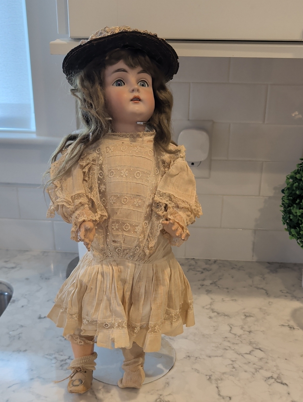 Antique-Style Cream Porcelain Doll in Lace Dress and Hat Kestner German..20 Inch